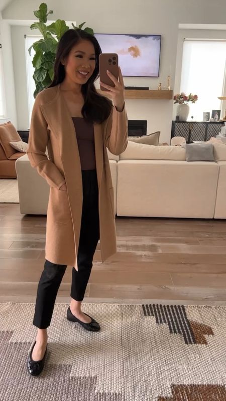 Fall outfit with my favorite cardigan coat that is on sale for 30% off! I love the weight, fit and cut. Perfect for workwear, as a layering piece and more. I would size down if you can because it can run big! Paired it with black pants, bodysuit and flats for a more casual workwear look 

#LTKworkwear #LTKstyletip #LTKsalealert