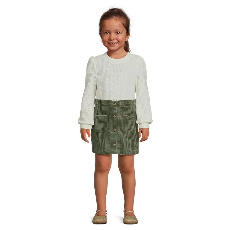 Wonder Nation Toddler Girl Waffle Knit Top and Corduroy Skirt Set, 2-Piece, Sizes 12M-5T | Walmart (US)