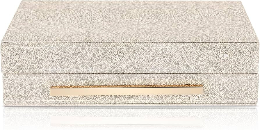 Ivory Shagreen Decorative Box Faux Leather Keepsake Case Memory Storage Boxes Gold Handle Home Je... | Amazon (US)
