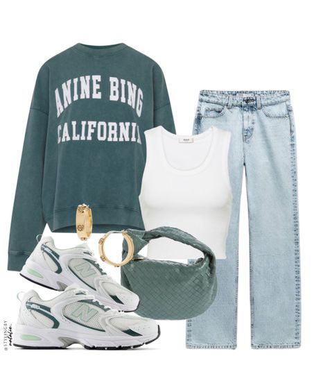 Anine Bing sage green logo sweatshirt , straight leg jeans, white knit crop top, new balance 530 trainers, bottega teen Jodie green bag.

#LTKstyletip #LTKeurope #LTKshoecrush