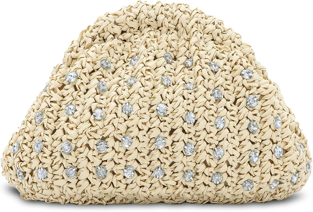 GOKTOW Straw Rhinestone Dumpling Clutch Purse,Summer Raffia Rattan Vacation Beach Bag for Women 2... | Amazon (US)