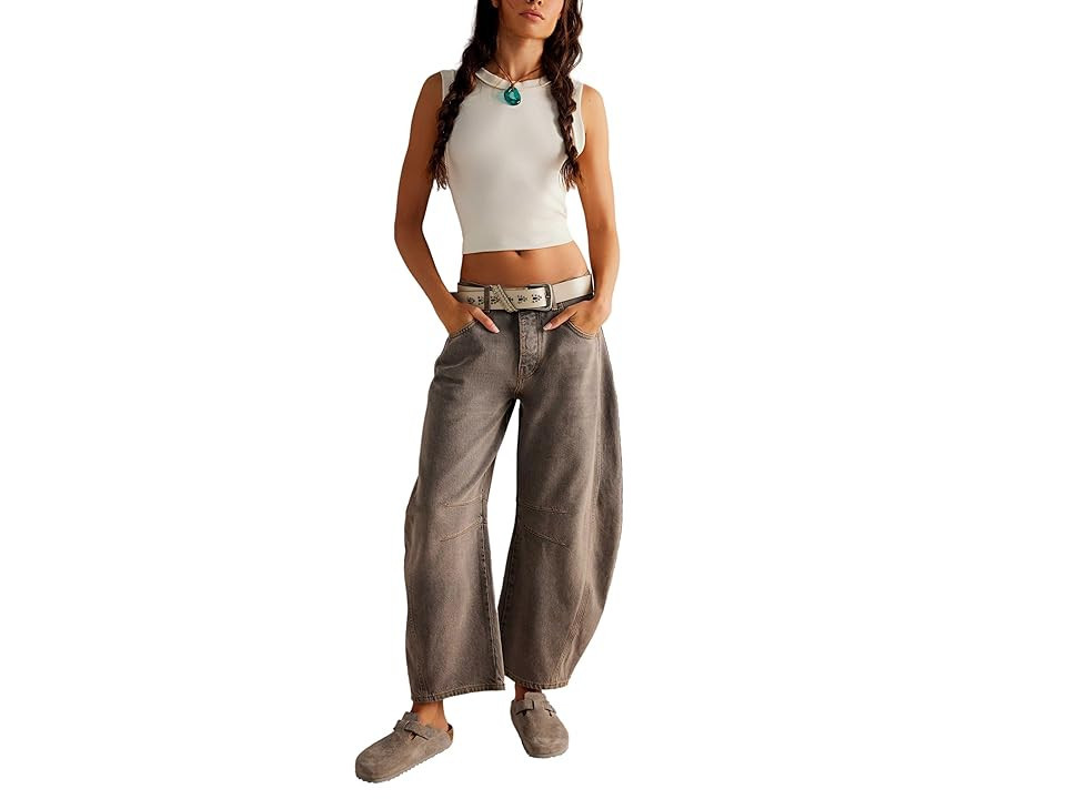 Free People We The Free Good Luck Mid-Rise Barrel Jeans Women's Clothing Archive Grey : 28, Cotton/Denim/Lyocell | Zappos