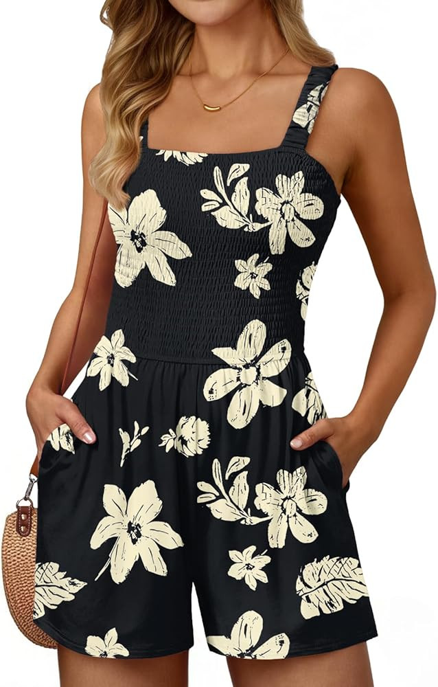 AUTOMET Rompers for Women Summer Vacation Beach Outfits Casual Loose Square Neck Shorts Jumpsuits... | Amazon (US)