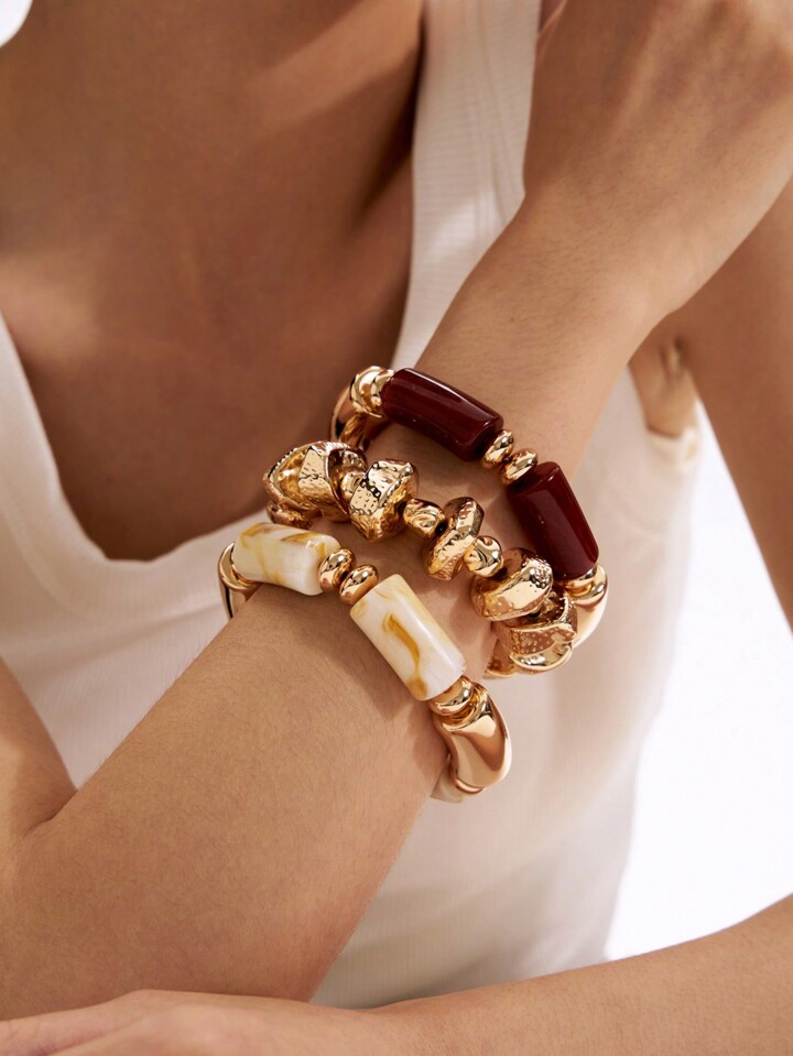 3 Pièces Bracelet Acrylique Vintage Multicouche Marron Avec Perles Et Bracelet Avec Pépites D'or, Convient Aux Femmes, Couples, Pour La Fête Ou Le Port Quotidien | SHEIN