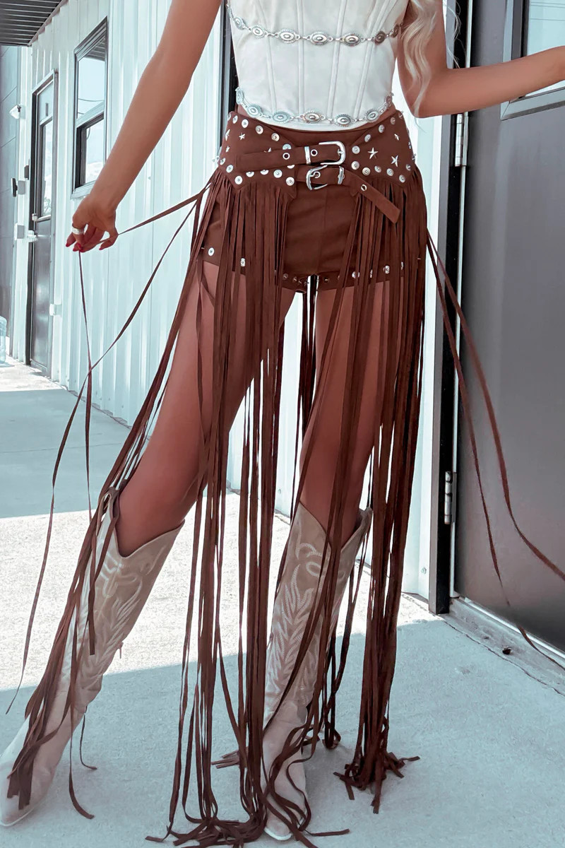 Gypsy Suede Fringe Shorts Buckle Belt -Brown | Matte Blaque