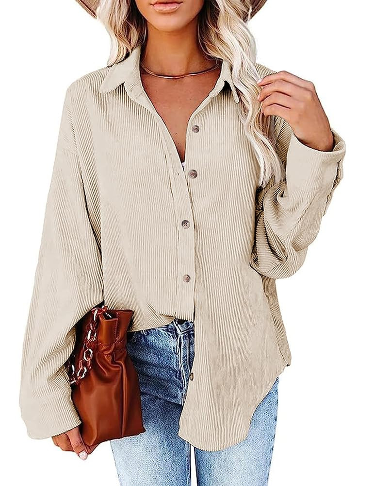 Womens Corduroy Button Down Shirts Long Sleeve Oversized Boyfriend Casual Blouses Tops | Amazon (US)