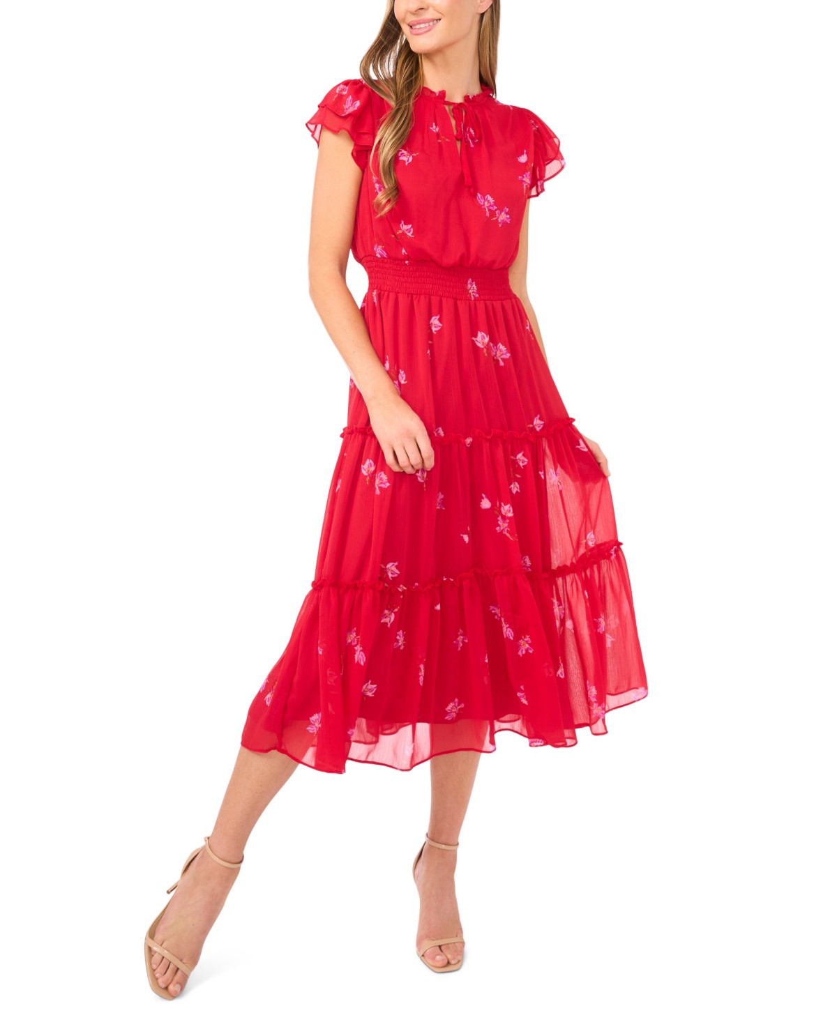 CeCe Women's Flutter Sleeve Smocked Tiered Midi Dress - Stoplight Red | Macy's