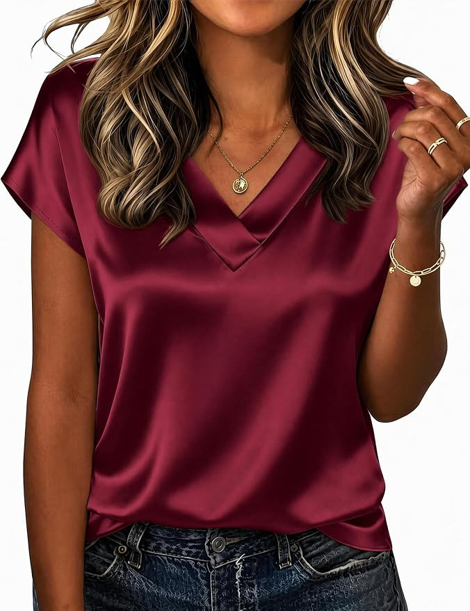 Zeagoo Women Satin V Neck Blouse Cap Short Sleeve Business Casual Top S-2XL | Amazon (US)