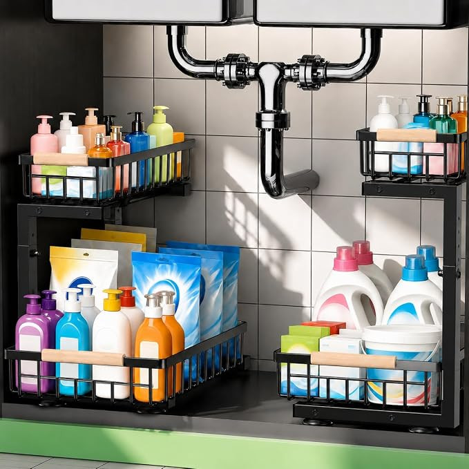 Under Sink Organizer, Pull Out Kitchen Storage Cabinet Organizer, Adjustable 2-Tier Metal Slide O... | Amazon (US)