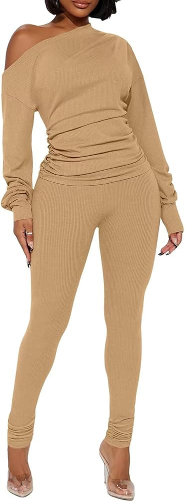 Sexy 2 Piece Outfits for Women One Off Shoulder Tops Ribbed Pant Set Tracksuit Clubwear | Amazon (US)