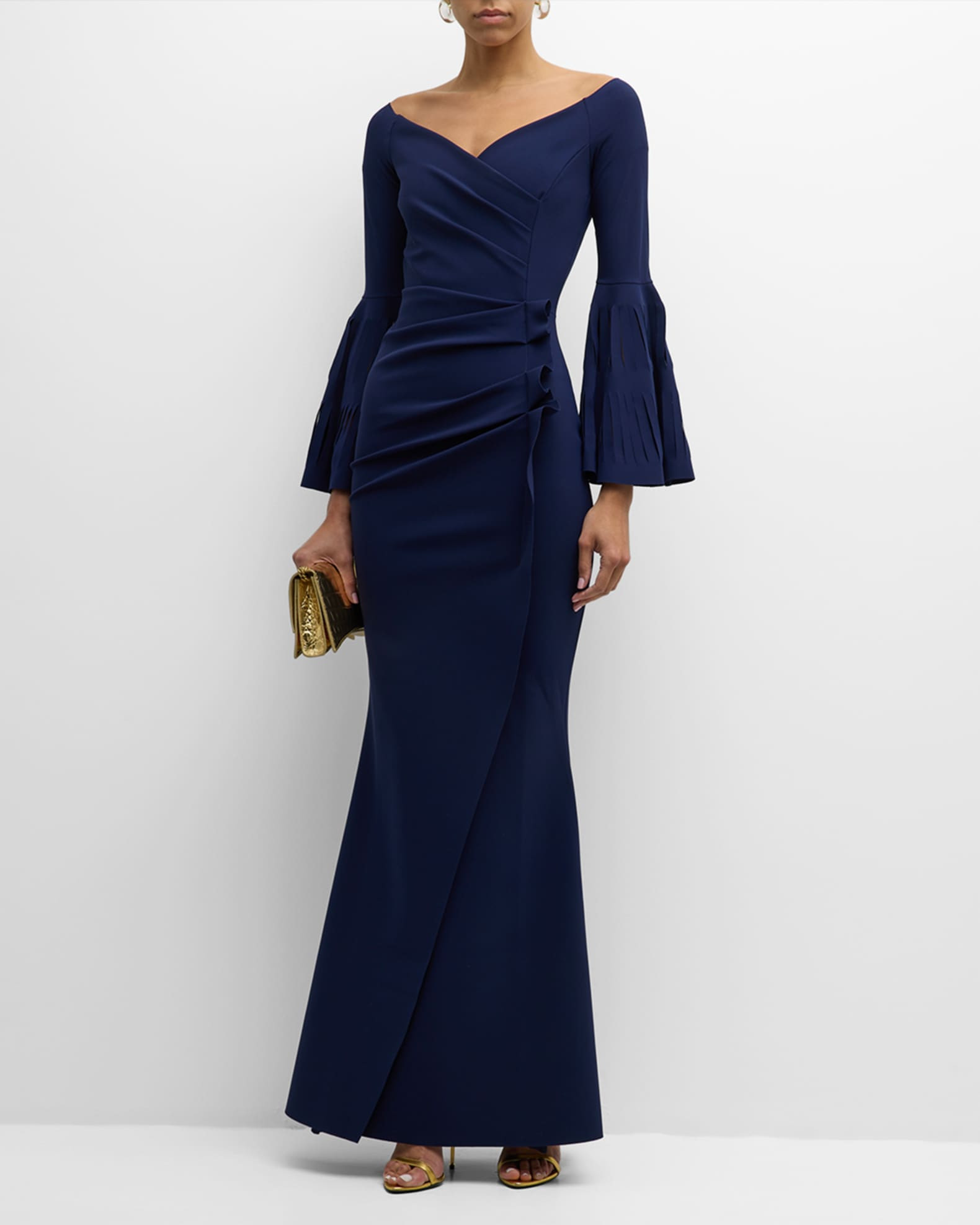 Pleated Cutout Bell-Sleeve Mermaid Gown | Neiman Marcus