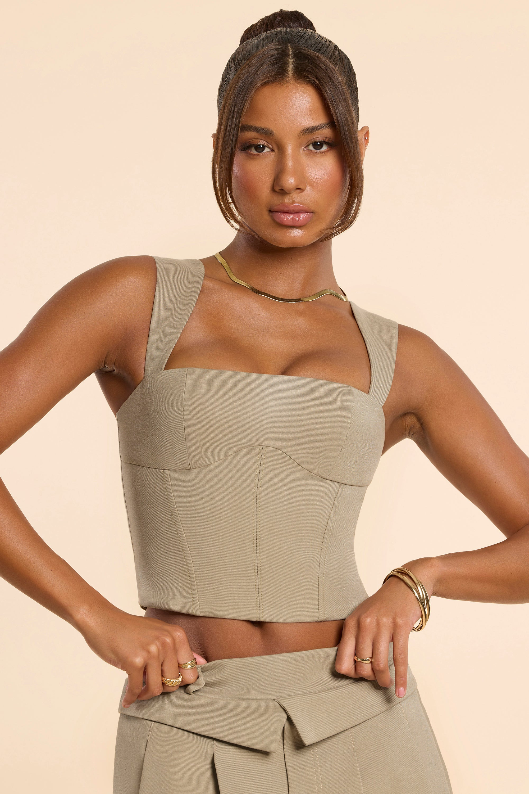 Brushed Twill Square Neck Tailored Top in Taupe | Oh Polly