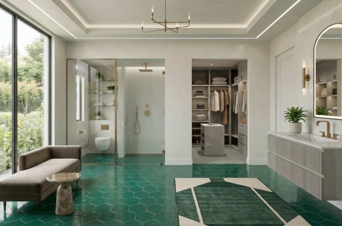 That green tile? A total mood. 🌿 This is exactly where I’ll be "getting ready" for the next 3-5 business days. Shop the home decor and bathroom fixtures here.

Design Inspo: The transition from the emerald floor to the neutral walk-in is everything. Modern, airy, and expensive. Grab the LTK links for the mirrors and lighting!
#homedecor #decor #homeinterior #interiordesign 


#LTKHome #LTKSaleAlert #LTKvlog