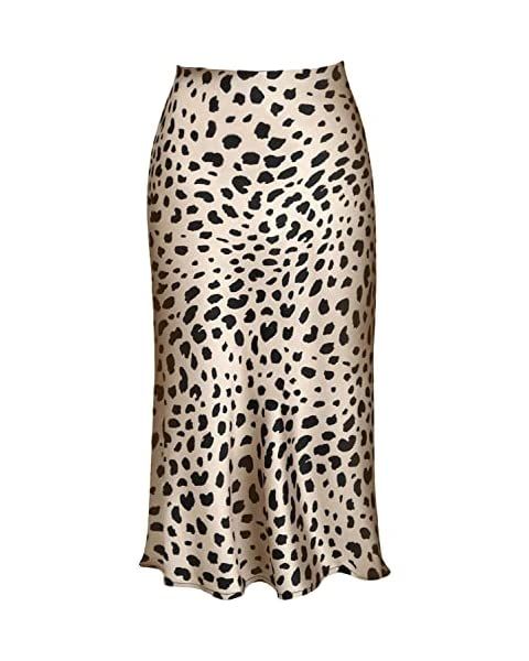 Amazon.com: Soowalaoo High Waist Leopard Midi Skirt Hidden Elasticized Waistband Silk Satin Skirt... | Amazon (US)