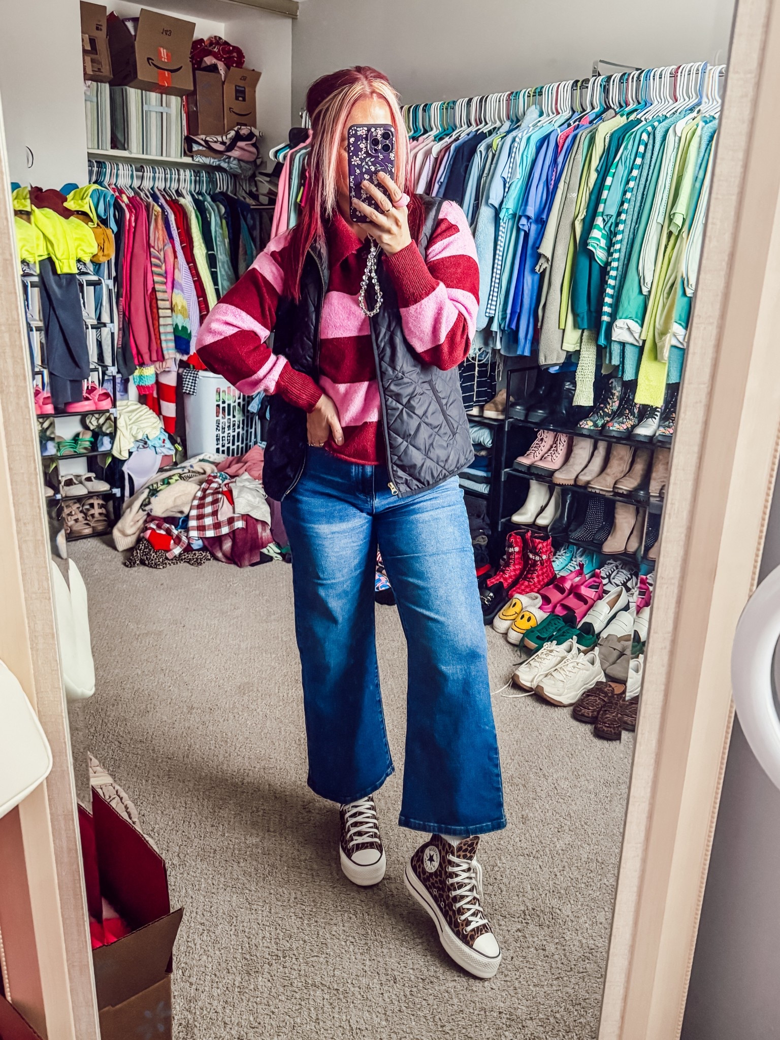 Today’s ootd 
Sweater - medium - Walmart 
Jeans - 8 - Amazon 
Vest - small - old navy 
Shoes - converse 
Earrings - Maurice’s 

#LTKFindsUnder50 #LTKootd #LTKPetite