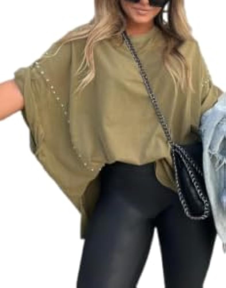 Womens Oversized Tshirts Batwing Short Sleeve Studded Tops Asymmetric Hem Summer Casual Loose Fit... | Amazon (US)