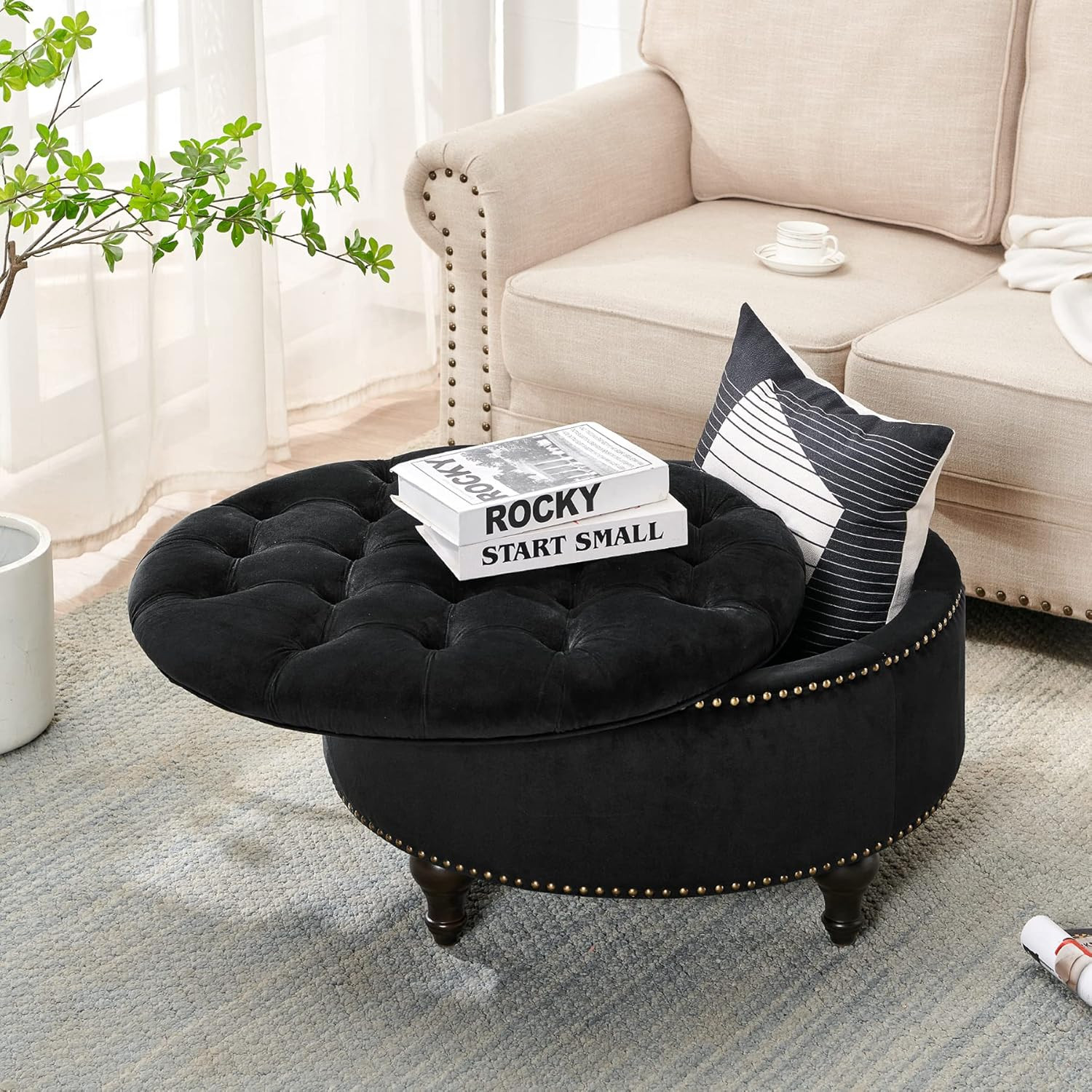 Nathaniel Home Upholstered 30" Round Storage Ottoman, Velvet Button Tufted Ottoman with Removable... | Amazon (US)