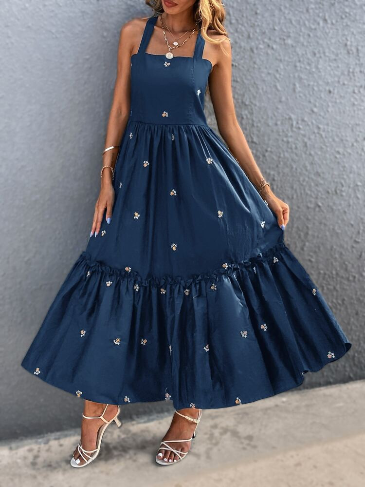 Ruffle Hem Floral Embroidery Cami Dress | SHEIN