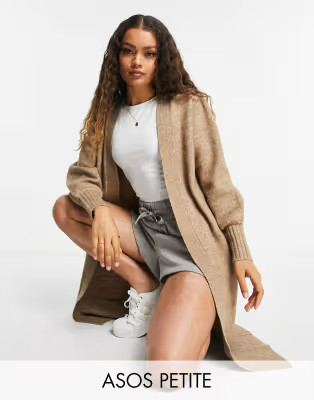 ASOS DESIGN Petite fluffy maxi cardi with volume sleeves in taupe | ASOS | ASOS (Global)