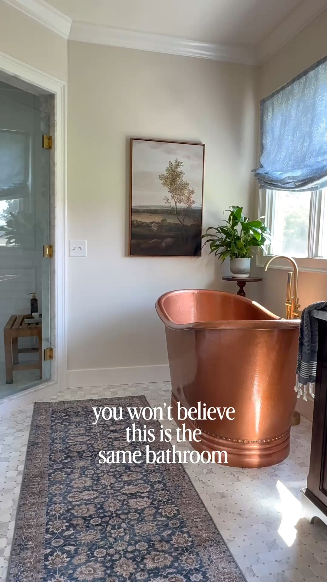 Primary bathroom remodel with Marble tile, brass faucets and copper tub

#LTKHome #LTKdayinmylife #LTKSeasonal