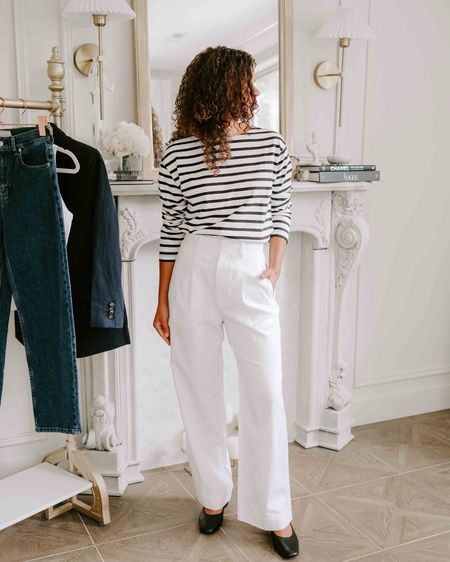 There’s nothing I love more than timeless wardrobe staples that offer versatility #everlane #ad 🤍  Even better when it’s ethically made and will last. Thanks to Everlane for partnering with me to bring you classic fashion inspo! If you’re shopping for your forever wardrobe, here are some must-have basics that are also perfect for achieving a Parisian chic style. Starting with the Way-High Drape pants - I now own these in 3 colors and love them all for different seasons. They are comfy while still looking elevated, and I love the high waist. After trying out different sizes, I’m wearing a size 2 with a 30” inseam and find it ideal for me. The waist is a little roomy still as they run a bit large, FYI. I’ve been daydreaming of The Day Heel for so long and they do not disappoint 🤩 Perfectly Parisian and comfy to wear. They are TTS. My chosen fit is “comfort”. I’m wearing a small in the Breton tee and it’s boxy - in a good way. I’m also wearing a small in the white Cutaway tank. I’m wearing a size 4 in the Tencel Oversized Blazer and it’s perfectly oversized. Last but not least, the Way-High Jeans are perfect because they have a true straight leg with a little bit of stretch. I’m wearing a size 26 with a 27.5 inseam in vintage indigo and they are *chef’s kiss*. Everlane is having a sale right now - so run, don’t walk, to grab your favorites! 

#LTKWorkwear #LTKSaleAlert #LTKStyleTip