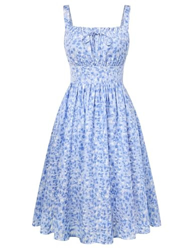 Belle Poque 2026 Summer Blue Floral Dress for Women Midi A Line Sundress Cute Milkmaid Dress with Pockets S | Amazon (US)