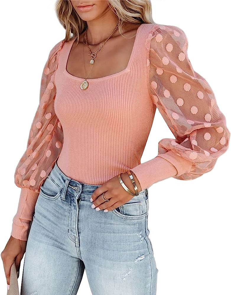 Womens Summer Shirts Cute Lace Tops Short Sleeve Crew Neck/Mock Neck Casual Puff Sleeve/Long Slee... | Amazon (US)