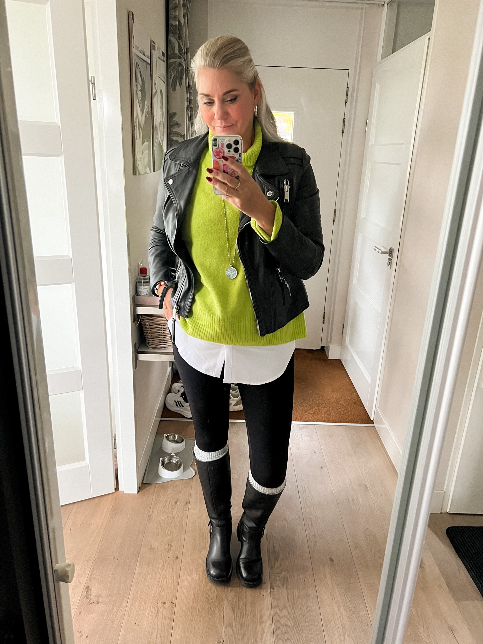 Ootd - Sunday. A chartreuse jumper (HEMA, M https://hema-nl.mtpc.se/4833017), oversized shirt look skirt, leather biker jacket (old Claudia Strater), black leggings, wool grey socks and high biker boots (last year van Haren).



#LTKautumn #LTKstyletip #LTKnederlands