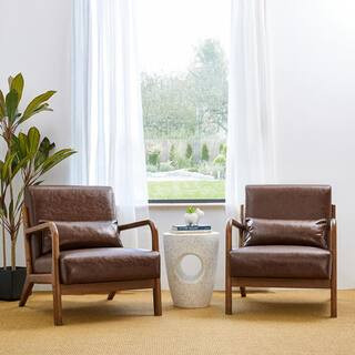 30 in. Mid-Century Modern Brown Faux Leather Arm Chair with Walnut Ruberwood Frame | The Home Depot