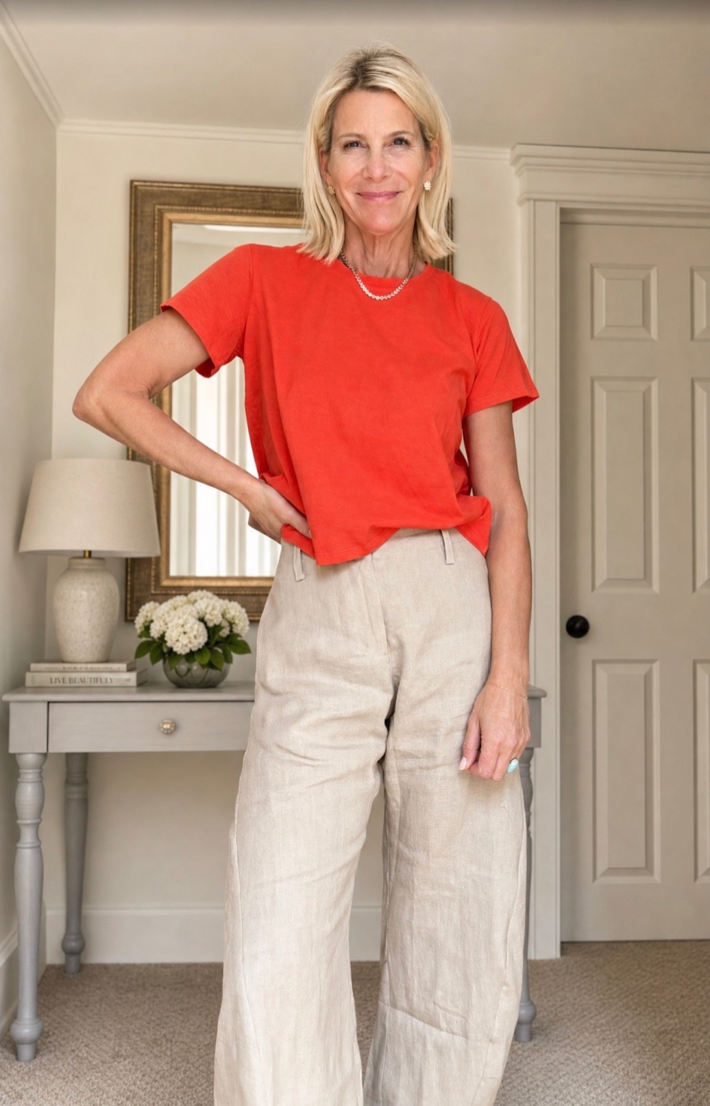 This bright red tee is the easiest way to add a pop of color to your summer wardrobe! ❤️ I paired it with relaxed linen pants and simple jewelry for an effortless look that's comfortable, classic, and perfect for warm days.

💡 LTK MADE EASY
❤️ Heart = Support my posts!
🔖 Save = Get sale & restock alerts
📋 Lists = Keep favorites organized
📲 Share = Send lists and products to a friend. 
💬 Comment = Ask me anything about what I'm wearing. :-)

#LTKootd #LTKSeasonal #LTKOver40