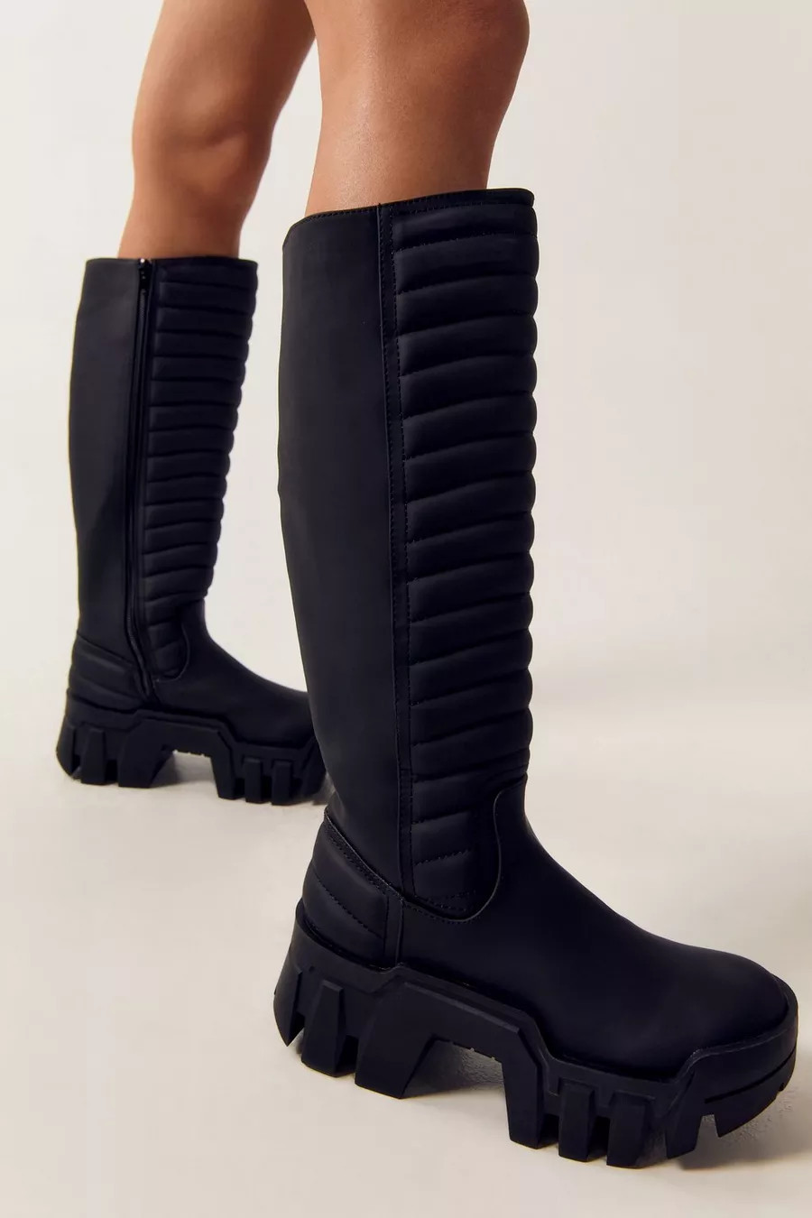 Faux Leather Motocross Padded Chunky Knee High Boots | Nasty Gal US