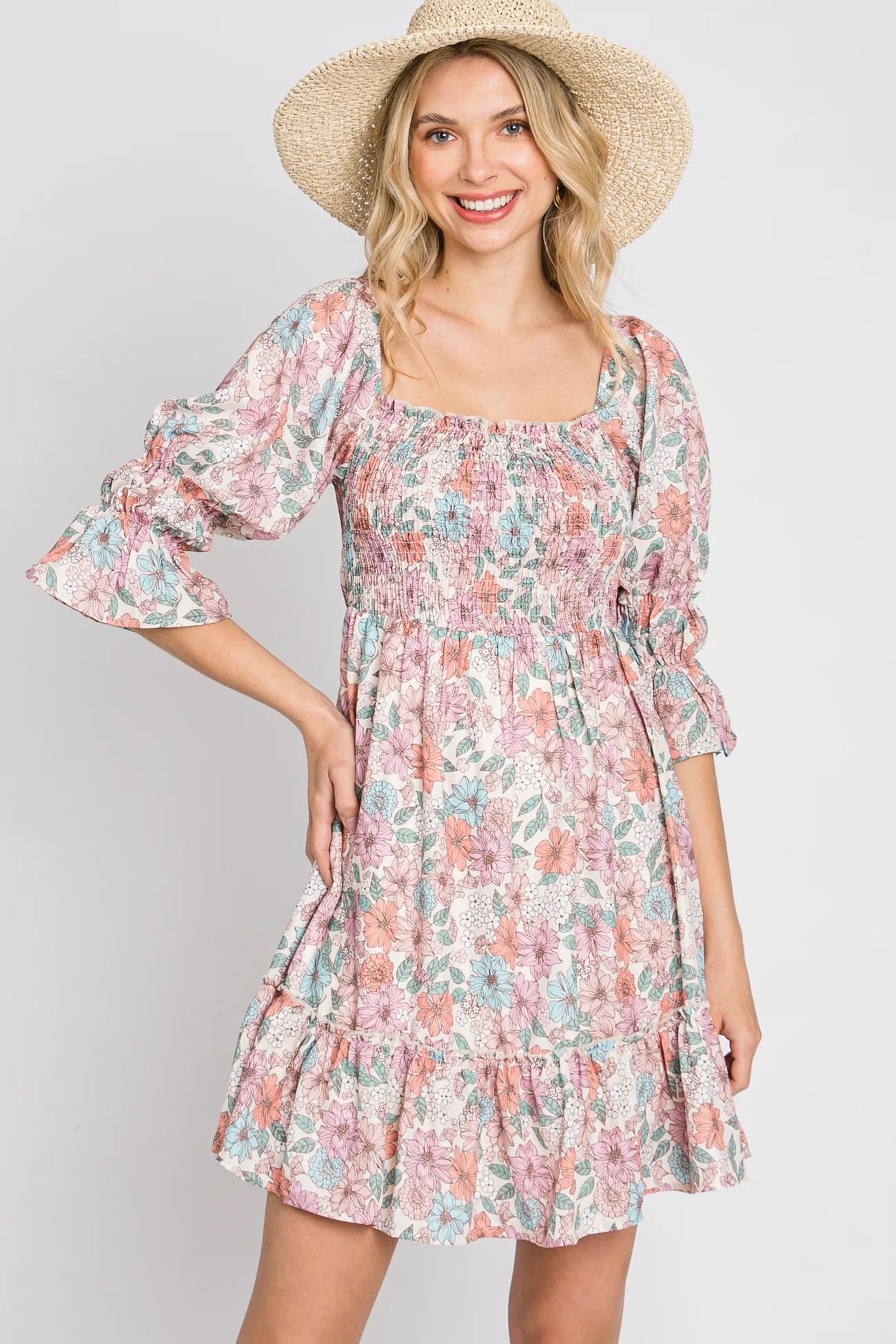 Pink Floral Smocked 3/4 Sleeve Dress | PinkBlush Maternity