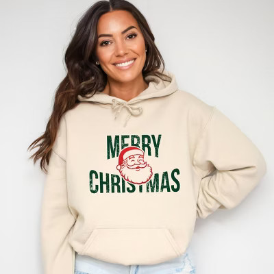 Merry Christmas Arched Glitter Santa - Womens Hoodie | Target
