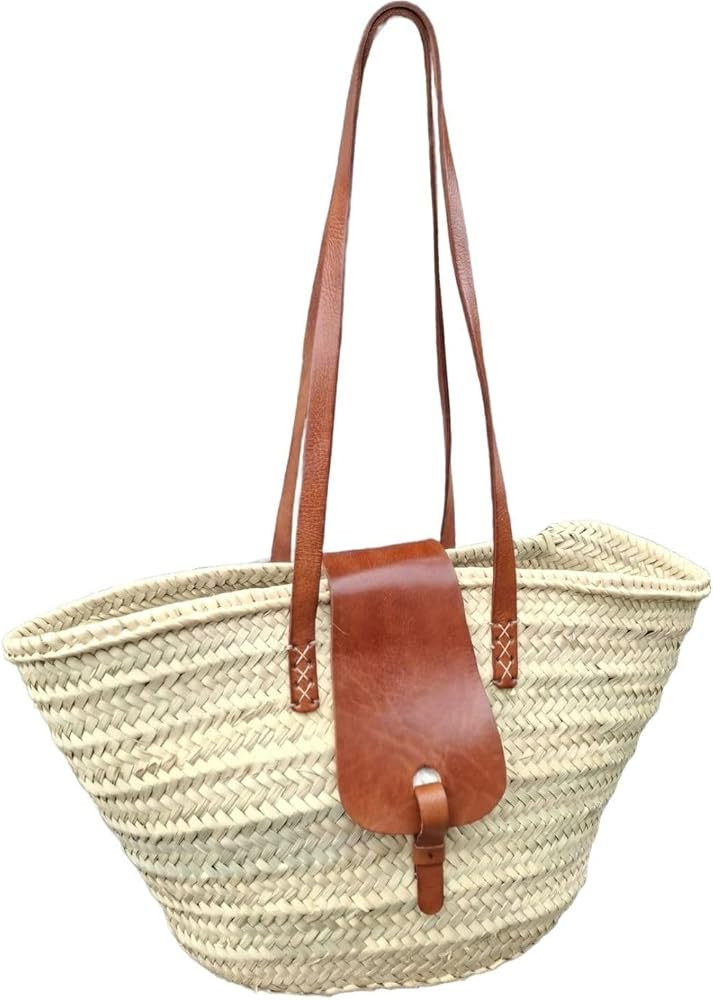 Ibiza Korbtasche Solana modern aus Palmblatt und Leder in Natur 50 cm | Amazon (DE)