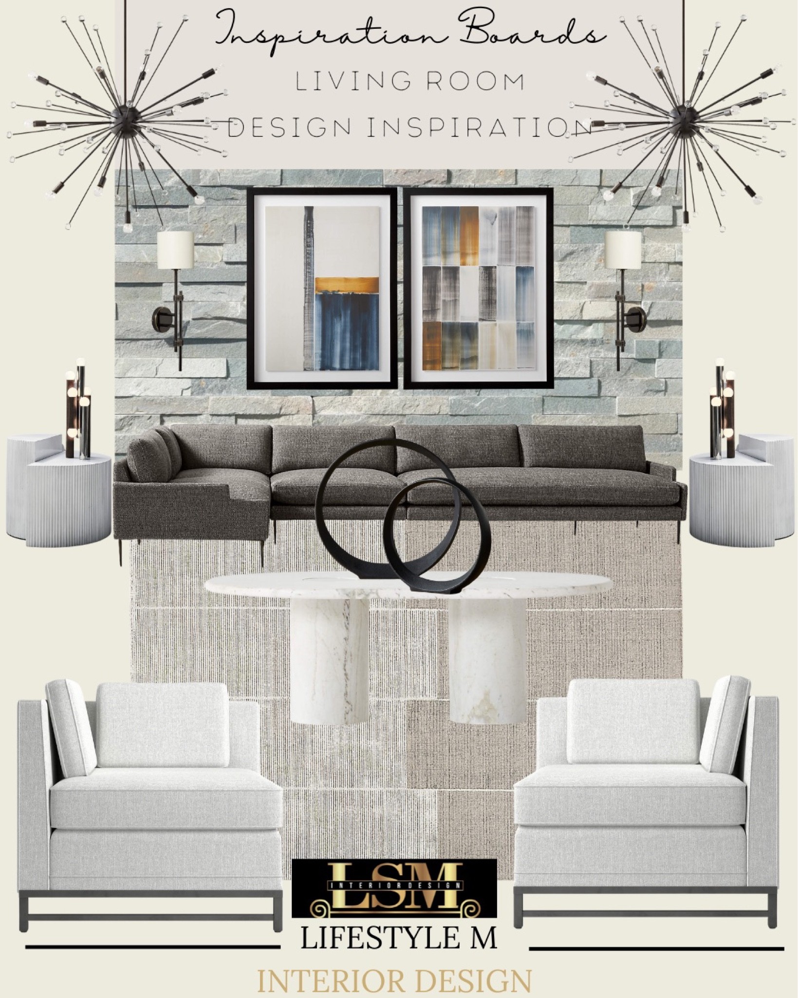 Living room inspiration! Perfect for transitional style homes. Black gray sectional, living room rug, white end tables, white accent chairs, white round coffee table, table decor, table lamp, pendant lights, wall sconce lights, stone wall accents, wall art.

#LTKstyletip #LTKSeasonal #LTKhome