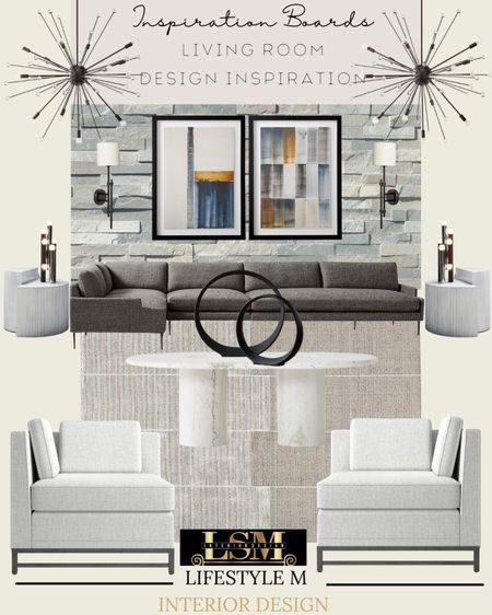 Living room inspiration! Perfect for transitional style homes. Black gray sectional, living room rug, white end tables, white accent chairs, white round coffee table, table decor, table lamp, pendant lights, wall sconce lights, stone wall accents, wall art.

#LTKstyletip #LTKSeasonal #LTKhome