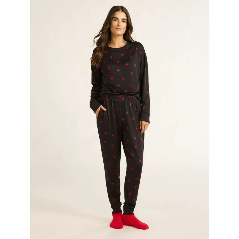 Joyspun Women's Bow Print Top, Joggers and Socks Pajama Gift Set, 3-Piece, Sizes S-3X | Walmart (US)