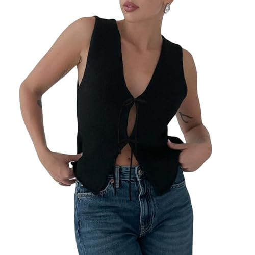Women Tie Front Sweater Vest Top Sleeveless Y2k Knit V Neck Tank Tops Crochet Casual Going Out Tops Streetwear (A2 Black, M) | Amazon (US)