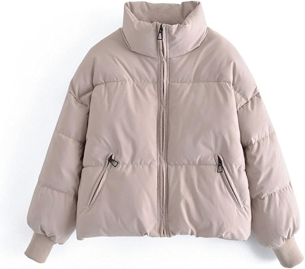 Kwoki Women's Zipper Puffer Jacket Baggy Long Sleeve Stand Collar Winter Short Down Coat | Amazon (US)