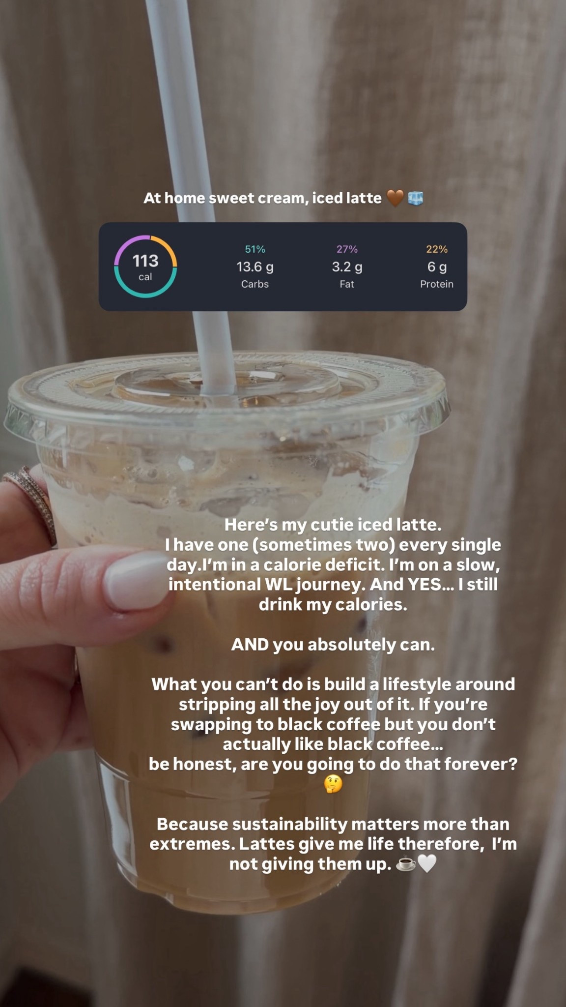 My perfect iced latte recipe! 🧊☕

- Iced nespresso pod (or any espresso of choice) 

- 40 ml chobani creamer

- 100 ml Fairlife Skim Milk

Contains 113 calories, 13.6 carbs, 3.2g of fat, and 6g of protein!  

#LTKActive #LTKfoodie #LTKfitnessgoals