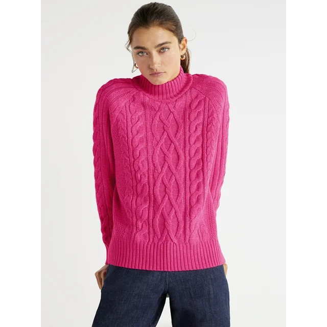 Time and Tru Women's Mock Neck Cable Pullover Sweater, Midweight, Sizes S-XXXL | Walmart (US)