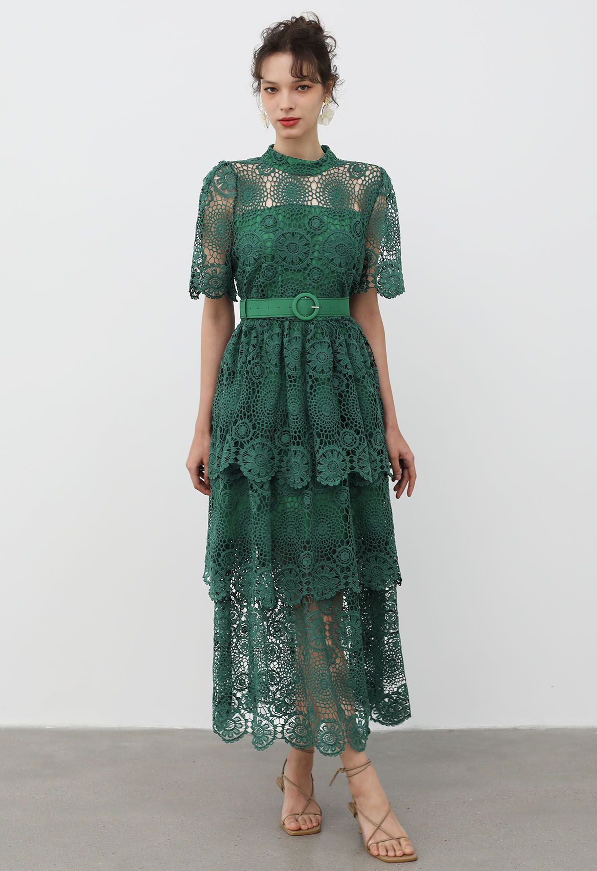 Cutwork Lace Belted Tiered Maxi Dress in Dark Green | Chicwish