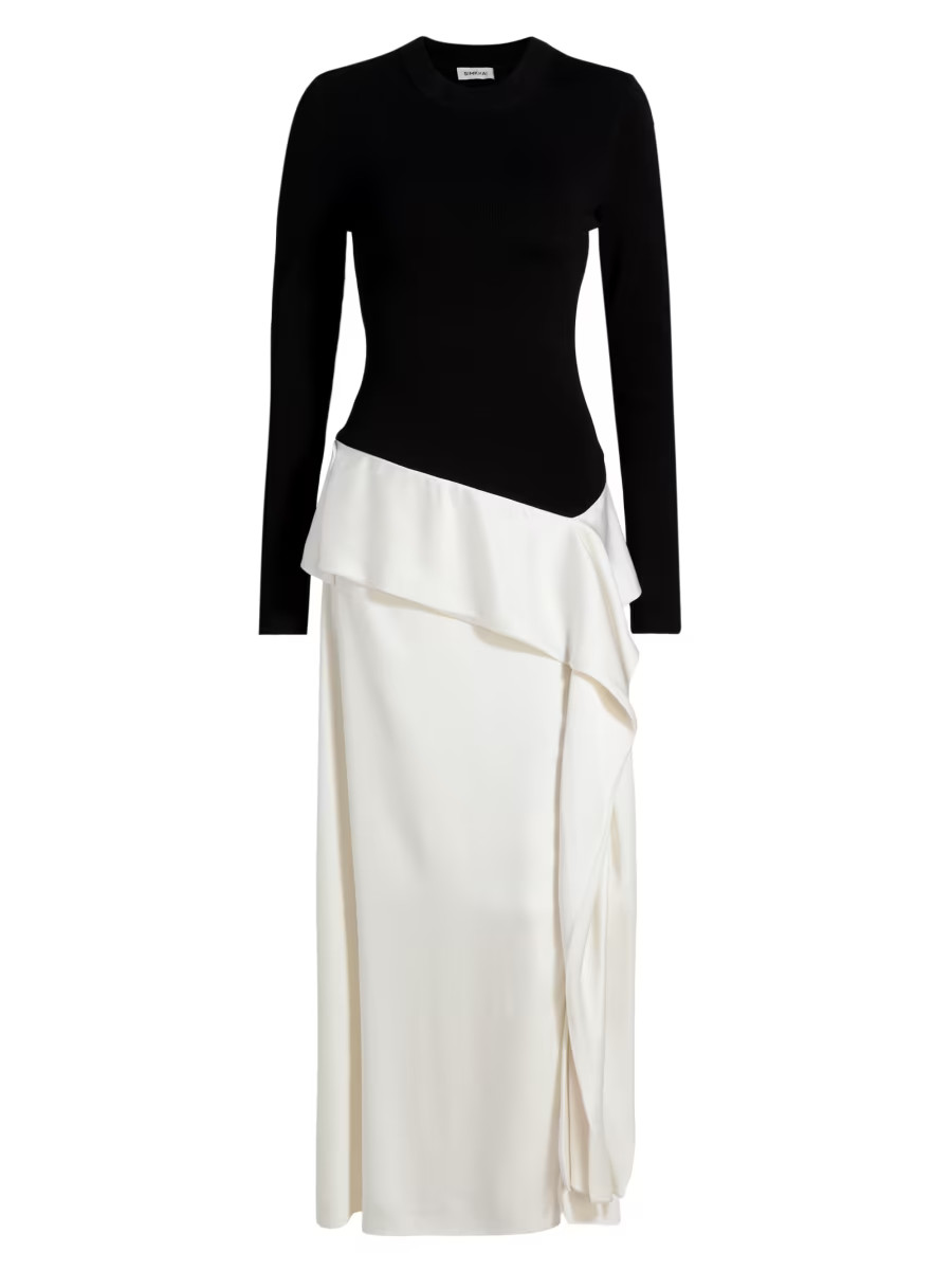 SIMKHAI Ornella Ruffle-Trim Colorblocked Midi-Dress | Saks Fifth Avenue | Saks Fifth Avenue