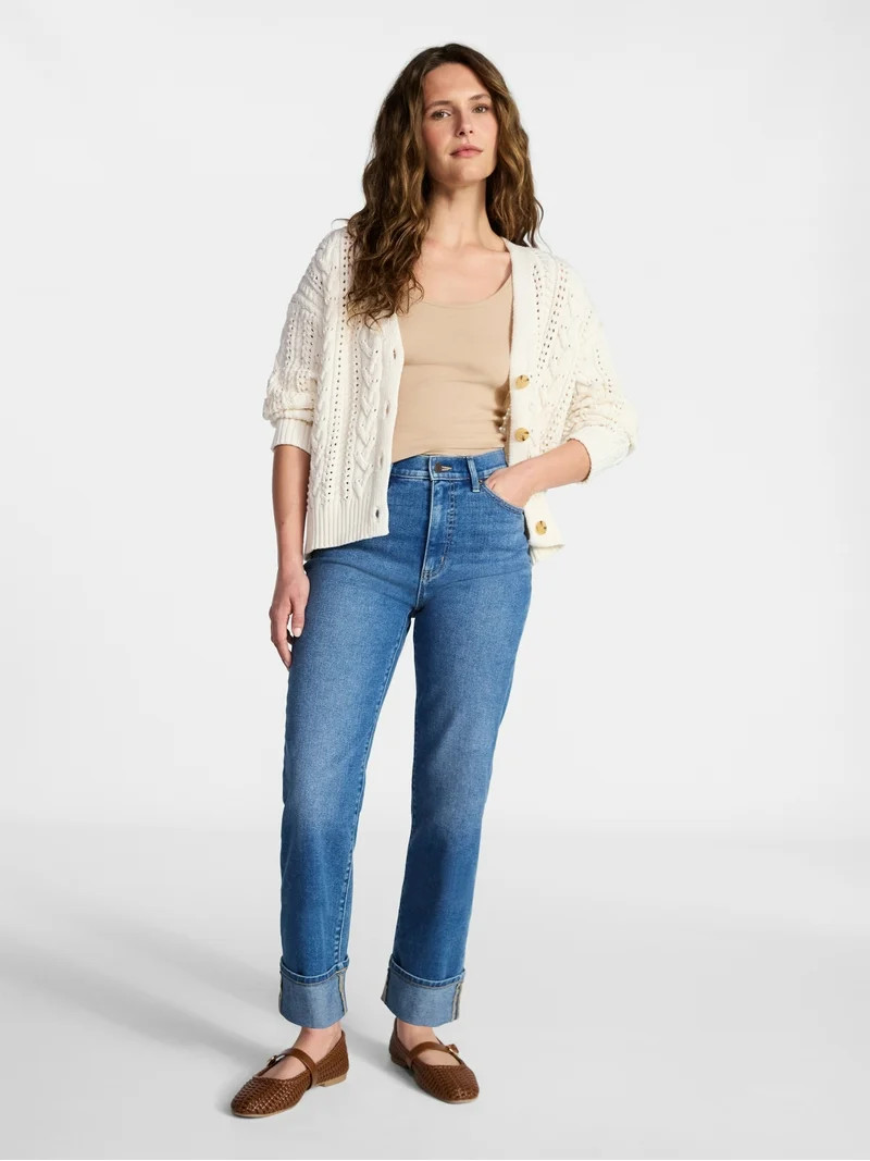 Time and Tru Women's Cable Knit Cardigan Sweater with Long Sleeves, Lightweight, Sizes XS-XXXL | Walmart (US)