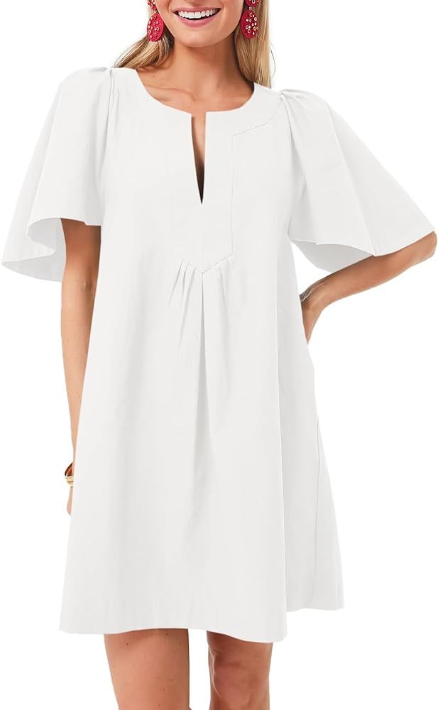 Wenrine Womens Flutter Short Sleeve Mini Dress Casual V Neck Loose Flowy Summer Dresses | Amazon (US)
