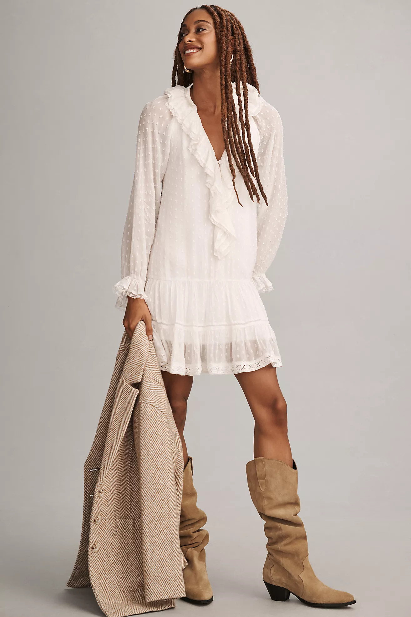 By Anthropologie Long-Sleeve V-Neck Ruffled Tunic Dress | Anthropologie (US)