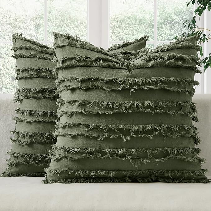 MIULEE Decorative Boho Throw Pillow Covers Set of 2 Dark Olive Green Linen Striped Jacquard Patte... | Amazon (US)