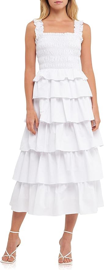 English Factory Women's Smocked Bust Multi Ruffled Maxi Gown Dress | Amazon (US)