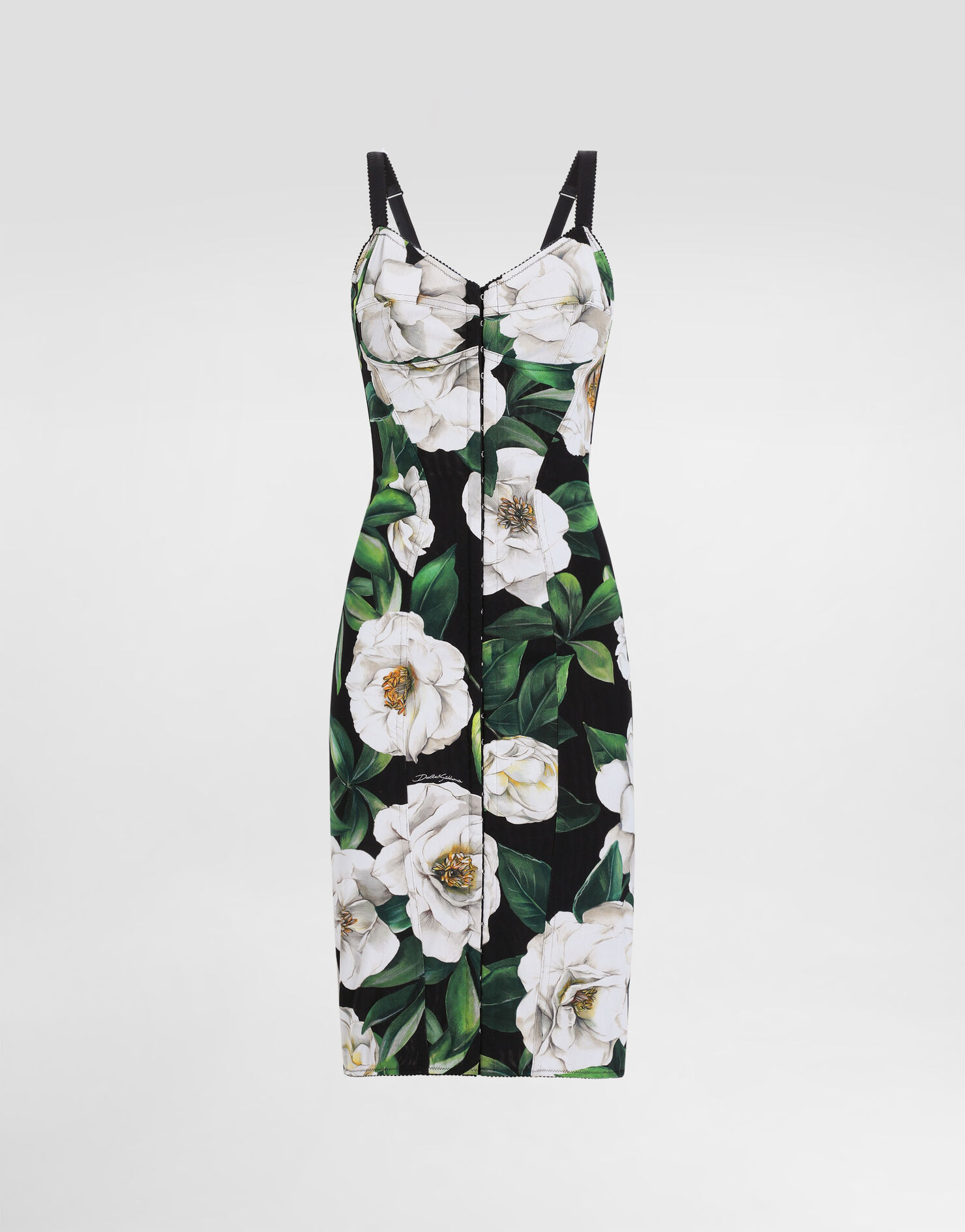 Stretch marquisette midi dress with gardenia print | Dolce & Gabbana US