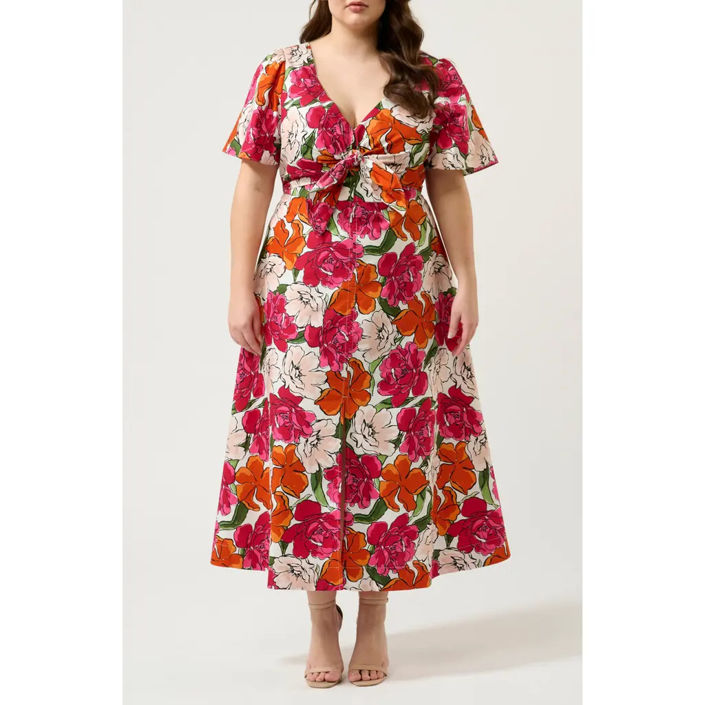 Estelle Nadja Floral Cotton Midi Dress in Orange Print at Nordstrom, Size 16W | Nordstrom